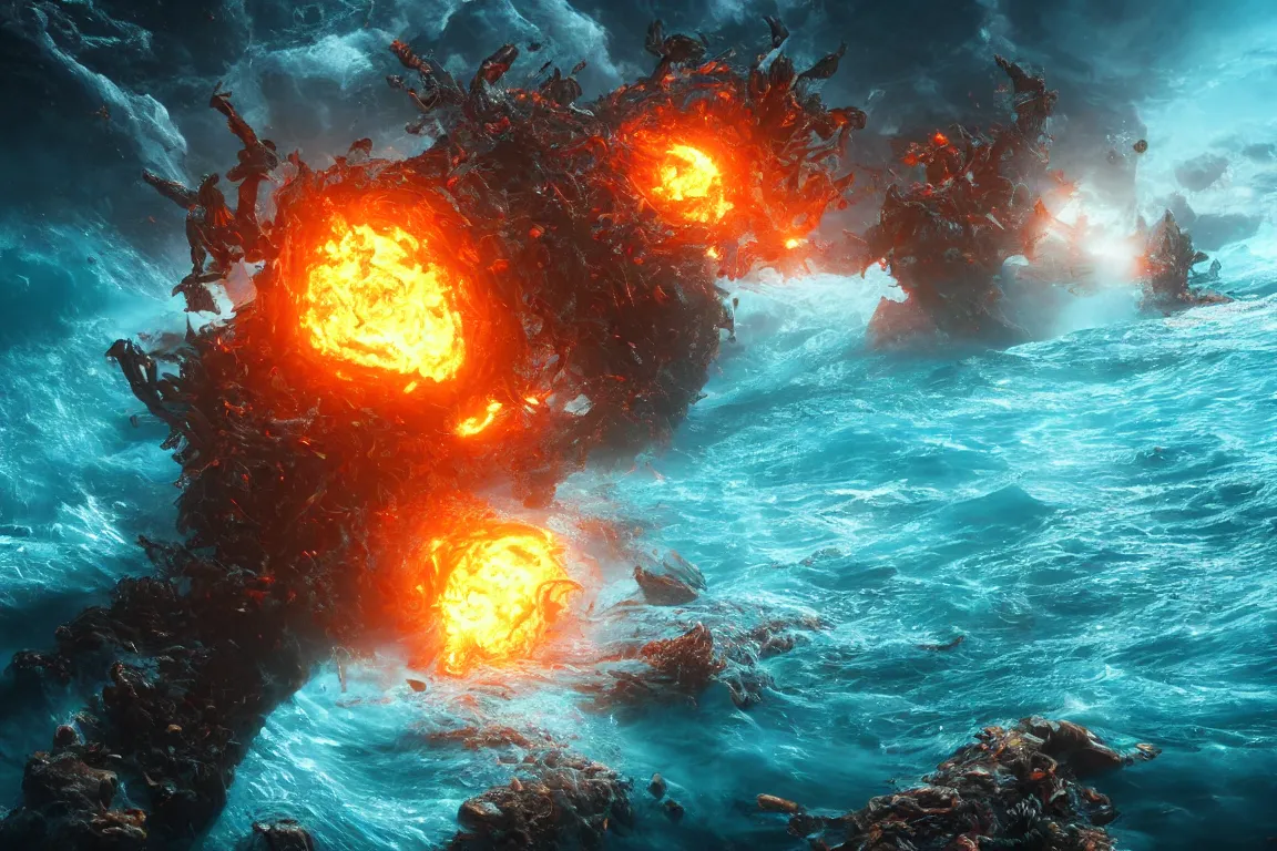 Prompt: colossal shaman gods destroying very living thing in the ocean, 8 k, ultra realistic, lens flare, atmosphere, glow, detailed, intricate, full of colour, cinematic lighting, trending on artstation, 4 k, hyperrealistic, focused, extreme details, unreal engine 5, cinematic, masterpiece