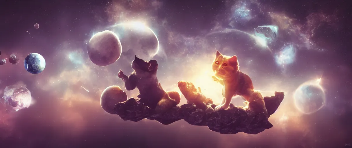 Image similar to 3 d render of space cat playing with planets, dynamic motion, advanced concept art, high detail, artstaion, dark atmosphere, noir, 4 k