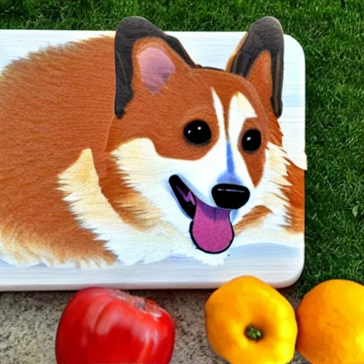 Image similar to a corgi using a cutting board