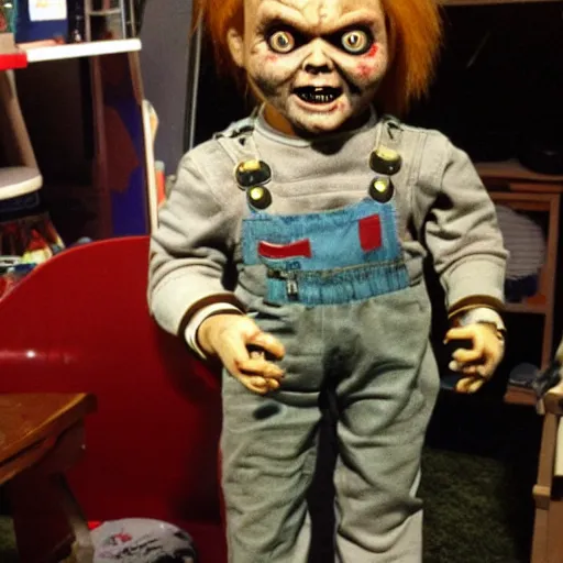 Prompt: Chucky the killer dollfor sake in creepy thrift store