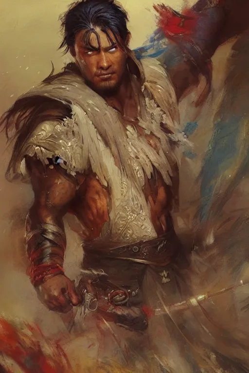 Image similar to wuxia, attractive beefy man, character design, colorful, painting by gaston bussiere, craig mullins, greg rutkowski, j. c. leyendecker