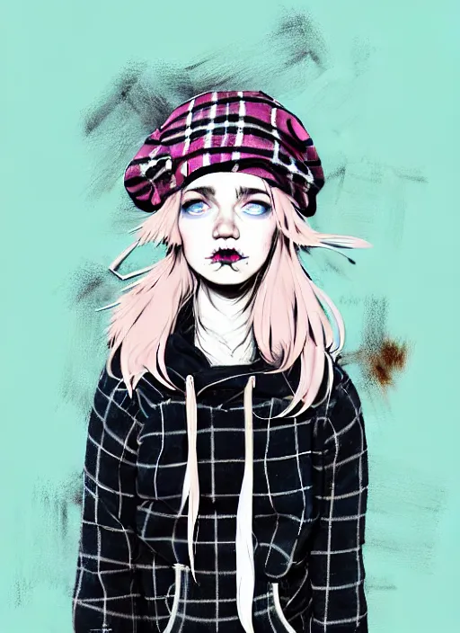 Prompt: highly detailed portrait of a swedish sewer punk lady student, blue eyes, tartan hoody, hat, white hair by atey ghailan, by greg tocchini, by kaethe butcher, gradient pink, black, brown, cream and light blue color scheme, grunge aesthetic!!! ( ( graffiti tag wall white background ) )