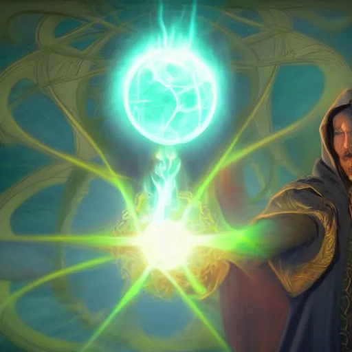 Prompt: a warlock is casting a magic spell, while magic orb is floating in his hand, the magic orb emit a blueish vapour, dynamic pose, chromatic aberration , medium level shot, Mucha style , Grim fantasy, illustration ,concept art,