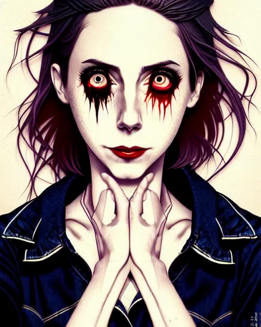 Image similar to loish, artgerm, Joshua Middleton art, Rafeal Albuquerque, pretty Alison Brie serial killer holding bloody knife in right hand realistic hand, blood on clothes and face, sarcastic smile, symmetrical eyes, symmetrical face, jean jacket, jeans, short blonde hair, middle shot, night time, deep blacks