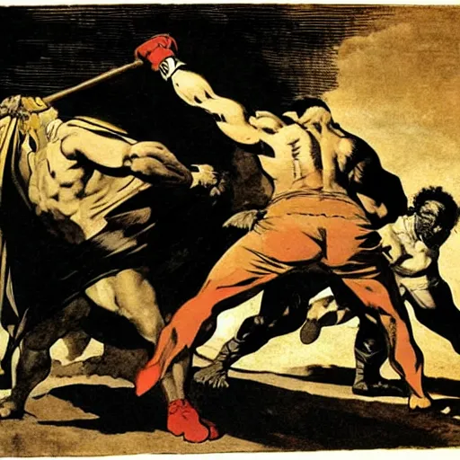 Image similar to inspiring superhero. tough guy big fist. darkness and depth. strong linework vectorized and flattened ; illustrated by goya goya,,,,,,, by artemisia gentileschi, by theodore gericault,