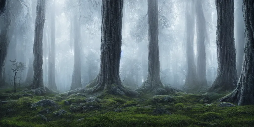 Image similar to beautiful majestic artstation cinematic matte painting of a knight in armour in a foggy forest with giant twisted mossy trees