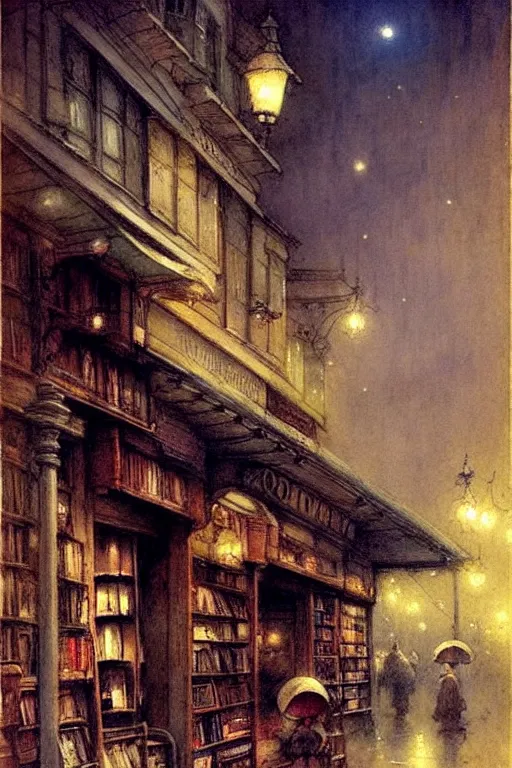 Prompt: (((((1950s bookshop in a fairy tale city at night . muted colors.))))) by Jean-Baptiste Monge !!!!!!!!!!!!!!!!!!!!!!!!!!!
