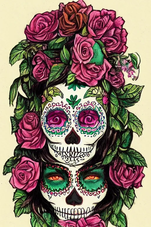 Prompt: illustration of a sugar skull day of the dead girl, art by elisabeth vigee le brun