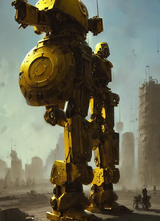 Prompt: human-sized strong intricate yellow pit droid carrying very detailed perfect antique great sword and beautiful large paladin shield, pancake short large head, exposed metal bones, painterly humanoid mecha, slightly far away, by Greg Rutkowski