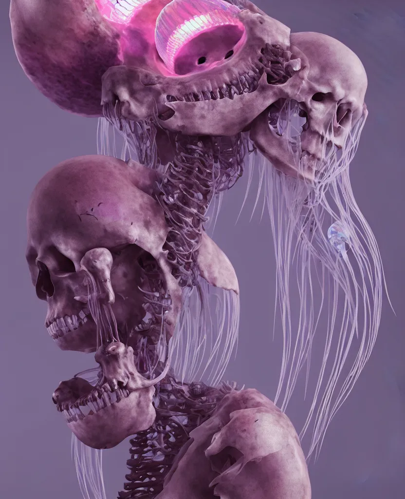 Image similar to goddess close - up portrait human skeleton, ram skull, jellyfish, orchid, betta fish, bioluminiscent, intricate artwork by tooth wu and wlop and beeple. octane render, trending on artstation, greg rutkowski very coherent symmetrical artwork. cinematic, hyper realism, high detail, octane render, 8 k