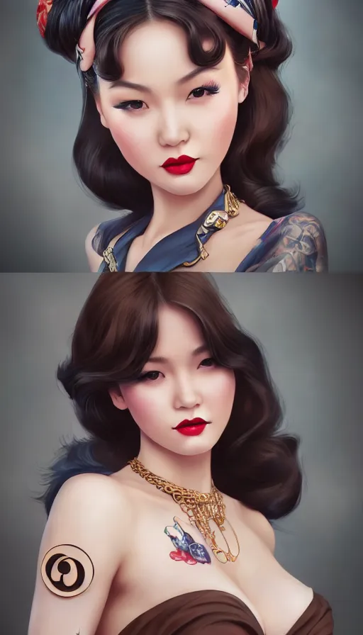 Image similar to a pin up and beautiful fashion and charming and dreamlke asian girl with lv jewelry, medium shot, art by artgerm & ross tran & wlop, hyperdetailed, 8 k realistic, symmetrical, frostbite 3 engine, cryengine, dof, trending on artstation, digital art