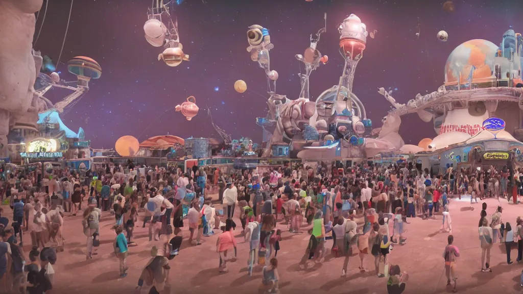 Image similar to disney world on the moon, photorealistic, 8 k, extreme detail, rendered in octane, rendered in arnold, rendered in vray, created in unreal engine 5, crowds of people in space suits in line to ride the bounce machine