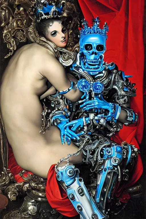 Image similar to full-body rococo and cyberpunk style neon statue of a young attractive portugues macho dotado e rico android sim roupa reclining con piroca dura, glowing white laser eyes, prince crown of blue gears, diamonds, swirling silver-colored silk fabric. futuristic elements. full-length view. space robots. human skulls. intricate artwork by caravaggio. Trending on artstation, octane render, cinematic lighting from the right, hyper realism, octane render, 8k, depth of field, 3D