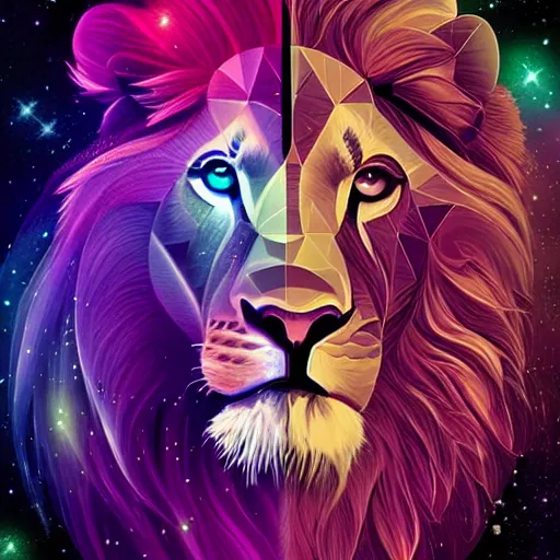 Image similar to geometric lion with galaxy eyes in space, nebula in the background, intricate, elegant, highly detailed, digital painting, artstation, concept art, smooth, sharp focus, illustration, art by artgerm