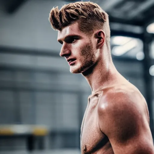 Prompt: a realistic detailed photo of a guy who is an attractive humanoid who is half robot and half humanoid, who is a male android, soccer players timo werner, shiny skin, posing like a statue, blank stare, in a factory, on display, showing off his muscles, gold soccer shorts, back view