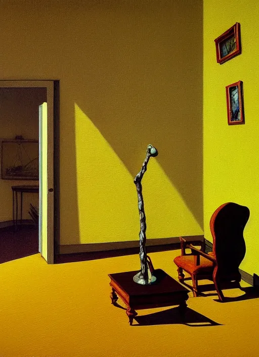 Image similar to hyper detailed 3d render like a Oil painting - the lonely living room, light and shadow, yellow wheat fields and electric poles outside, by Jacek Yerka, Mariusz Lewandowski, Houdini algorithmic generative render, Abstract brush strokes, Masterpiece, Edward Hopper and James Gilleard, Zdzislaw Beksinski, Mark Ryden, Wolfgang Lettl, hints of Yayoi Kasuma, octane render, 8k