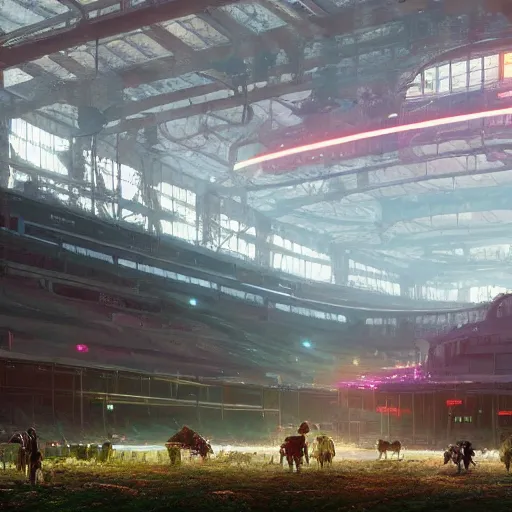 Image similar to a farm inside of a stadium, Simon Stalenhag, Wadim Kashin, solarpunk, 4K, cinematic