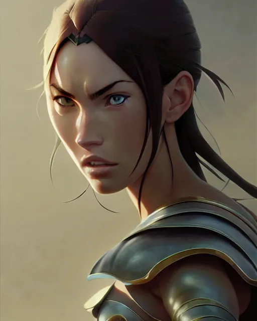 Image similar to azctec warrior, megan fox, detailed perfect face, exquisite details, fire magic, mid view, design on a white background, by studio muti, greg rutkowski makoto shinkai takashi takeuchi studio ghibli