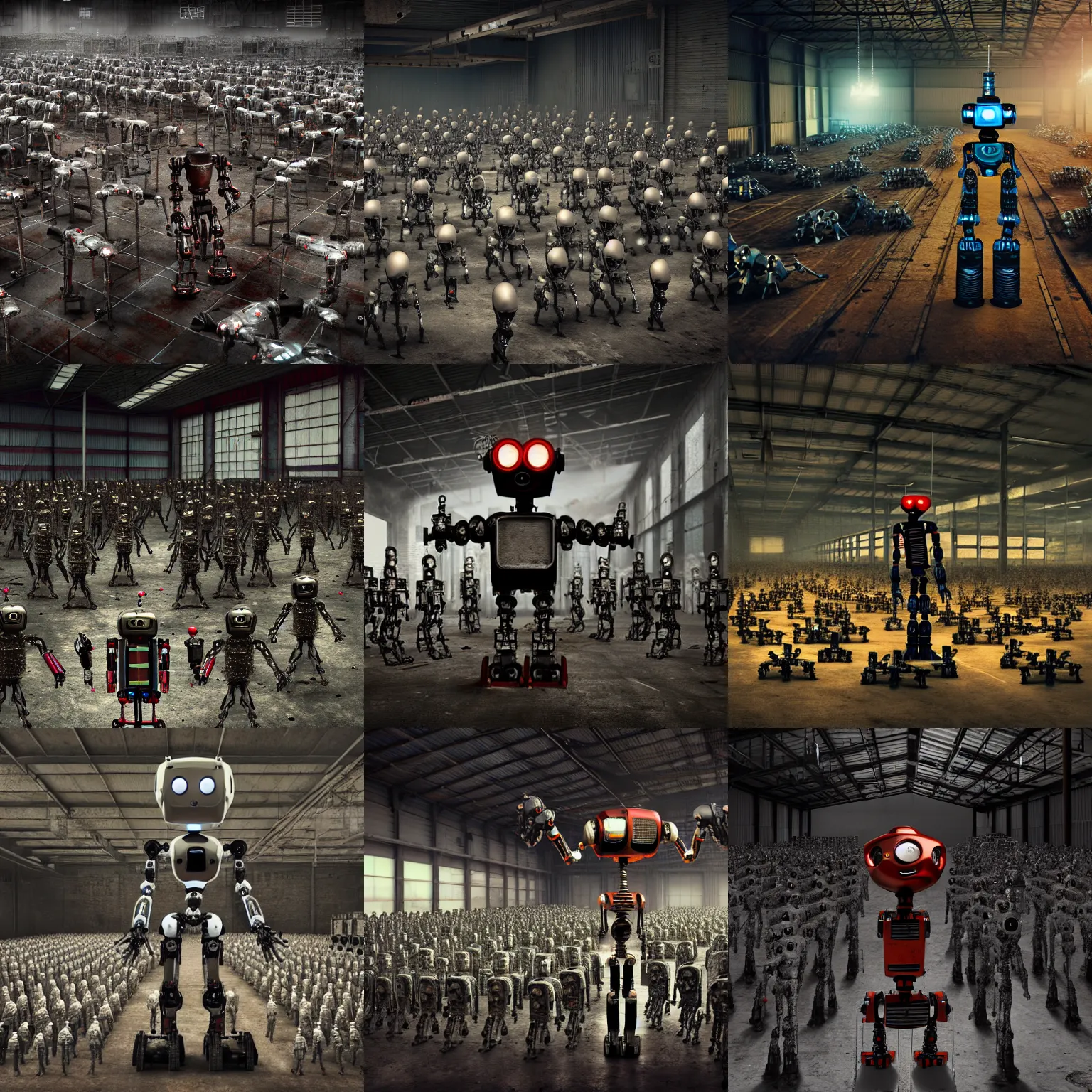 Prompt: a realistic deranged robot standing in front of an army of robots inside a huge rusty dingy warehouse, army of robots, raygun gothic, atomic punk, digital art, detailed octane render, high angle