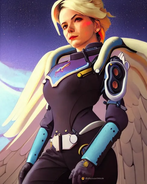 Image similar to mercy from overwatch, character portrait, portrait, close up, concept art, intricate details, highly detailed, vintage sci - fi poster, retro future, in the style of chris foss, rodger dean, moebius, michael whelan, and gustave dore