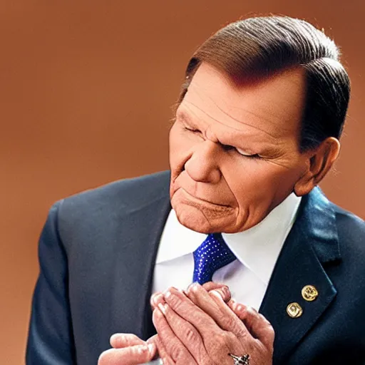 Prompt: kenneth copeland on his knees praying, surrounded by gold and money