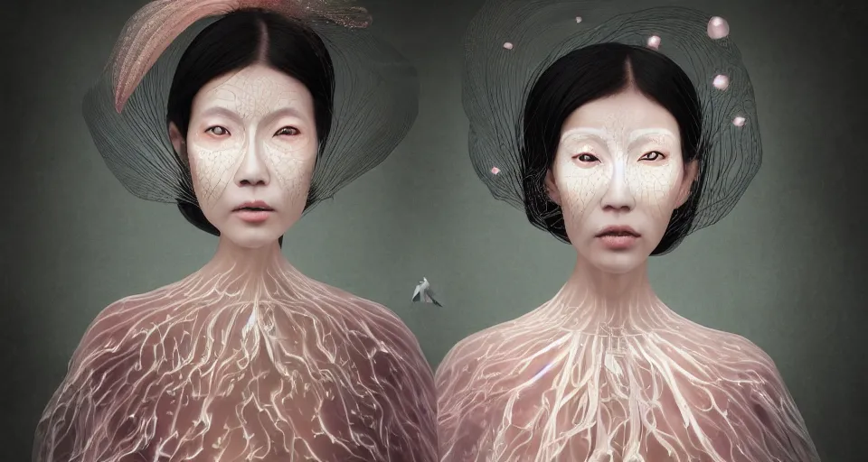 Image similar to closeup shot of asian female wearing a luminous soft fragile jelly fish dress, symmetrical face, by ray caesar, by louise dahl wolfe, by andrea kowch, by anna claren, surreal photography