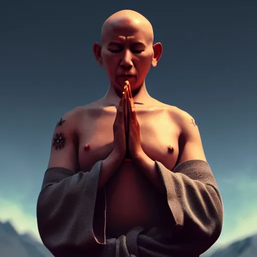 Image similar to an android monk praying with hands above head, monk robe and tattoos, octane render, unreal engine, 8 k, cinematic, artwork by ilya kuvshinov