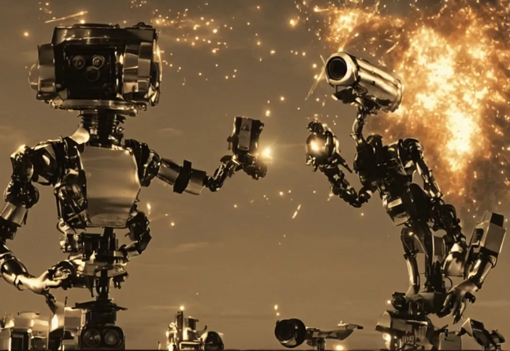 Image similar to a screenshot of a movie depicting a female robot carrying a movie camera with a huge explosion behind her