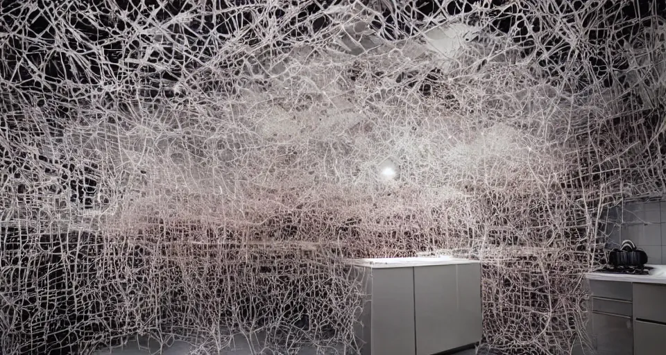 Prompt: IKEA catalogue photo of a futuristic kitchen on a spaceship, by Chiharu Shiota