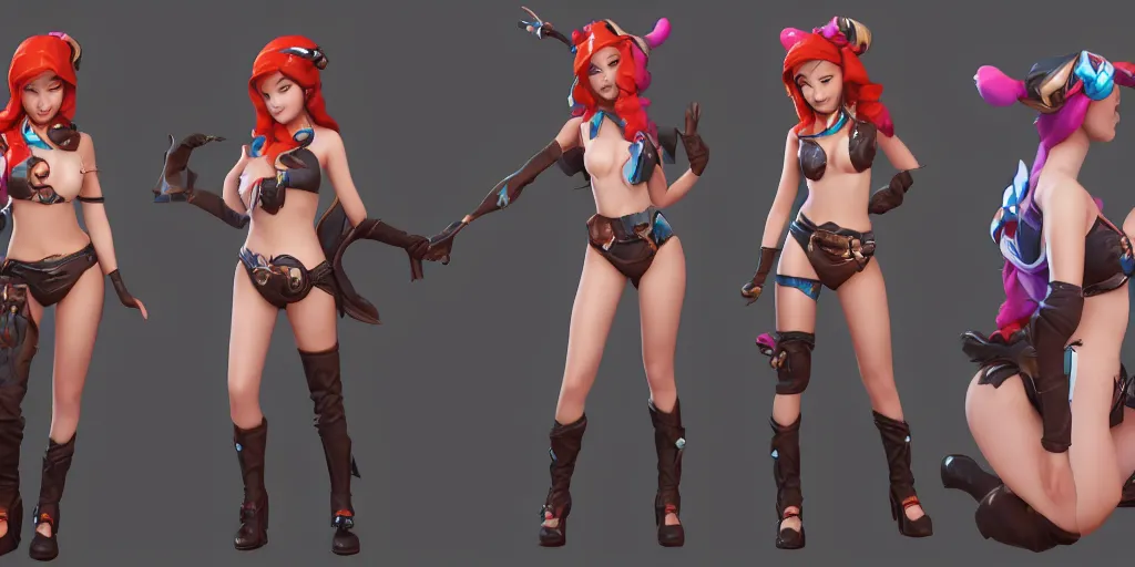 Prompt: Character sheet of pool party miss fortune (League of Legends). 3d unreal engine 5 trending on artstation