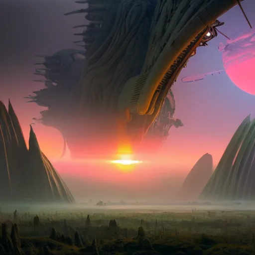 Image similar to a beautiful matte painting of an alien landscape of lush and mystical flora, remnants of a crashed spaceship, alien creatures emerging, sunrise, by Giger and Ralph McQuarrie and Bruce Pennington, cinematic lighting, ambient light, hyperrealism, hires, octane render, 8k, iridescent accents, vray