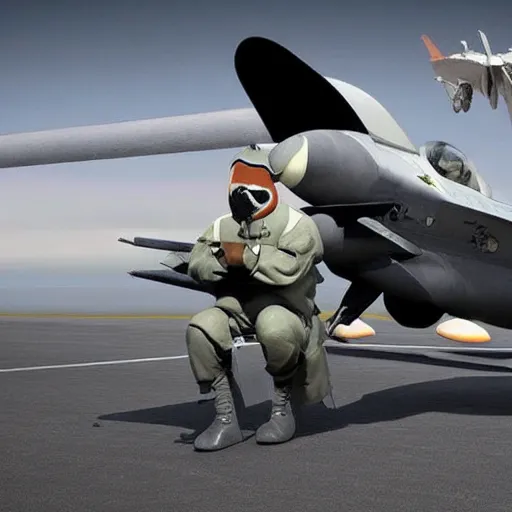 Image similar to a highly detailed ultra realistic photograph of a cow dressed in a fighter jet jumpsuit and mask