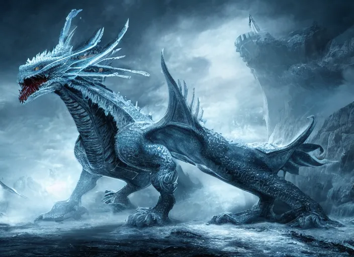 Image similar to giant ice dragon attacking an ancient castle, highly detailed, 4 k, hdr, award - winning, directed by zack snyder, trending on art station, matte