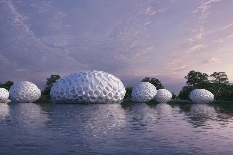 Image similar to a building composed of many multi - white spherical egg - shaped spaces. on the calm lake, people's perspective modern curved architecture, future, award winning, highly detailed 4 k art, dusk, by kazuyo sejima