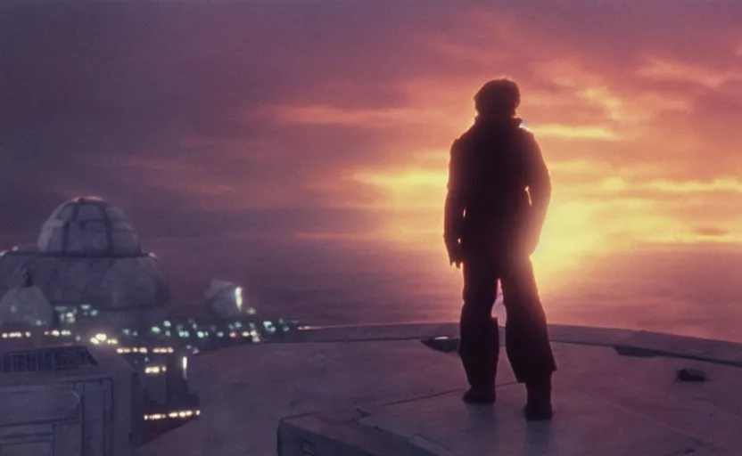 Prompt: iconic cinematic still portrait shot of luke skywalker downtrodden standing with a view of coruscant at sunset, from the thrilling scene from the 1 9 9 0 s sci fi film directed by stanley kubrick, moody cinematography, foggy volumetric lighting, hyper detailed scene, anamorphic lenses 2 4 mm, lens flare, award winning