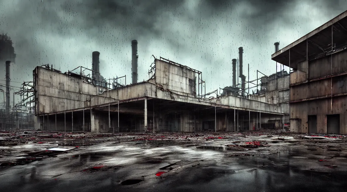 Image similar to post apocalyptic factory building, raining, building, avenue, modern contemporary urban americana concrete architecture, by pascal blanche, neil blevins, apocalyptic color palette, trending on artstation, photorealistic, neon ambiance, ultra detailed, high definition, depth of field, bokeh, rubble, wild vegetation, blood stains, building crumbling