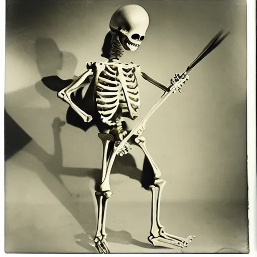 Prompt: skeleton drummer, wild, flash polaroid photo by george hurrell,