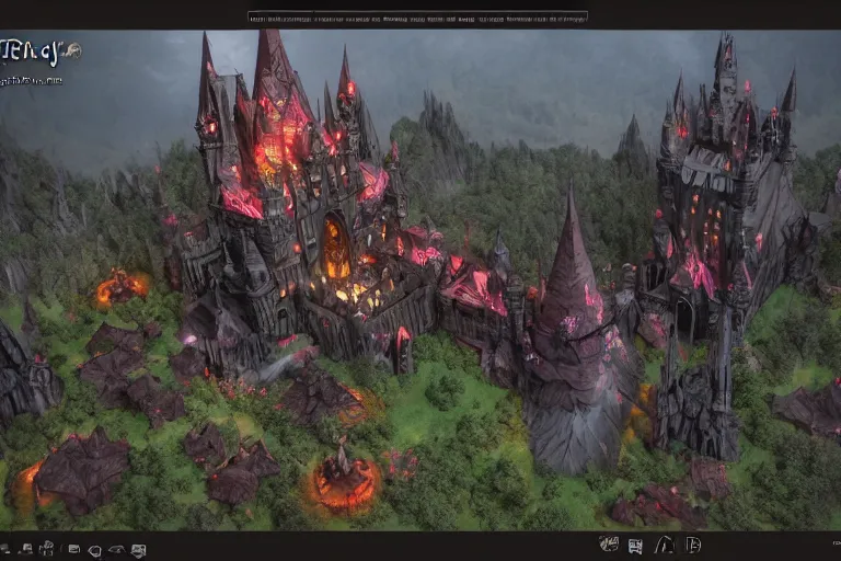 Image similar to big evil fairy castle - city rock dark shadow elves, might and magic heroes 7, dark fantasy, shadows, artstation trending, unreal engine 5, red