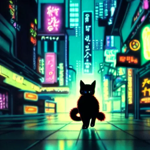 Prompt: cinematic shot of adorable black kitten walking through neon cyberpunk neo - tokyo, studio ghibli, hayao miyazaki, anime, detailed