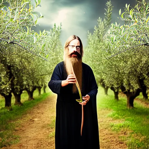 Image similar to beautiful professional portrait photograph of a wizard with a very long beard brewing potions in an apple orchard