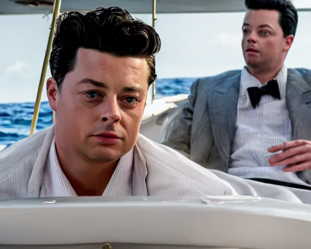 Image similar to handsome 2 1 savage as the wolf of wall street next to margot robbie as naomi from the wolf of wall street on a fishing boat, hyper realistic faces, beautiful eyes, cinematic, long shot, hyper detailed, 8 5 mm photograph, 8 k resolution, film still, sharp lens, wide lens