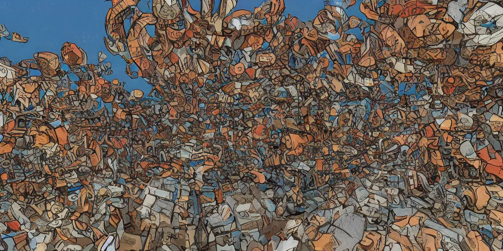 Image similar to unfinished escher style pattern of three point perspective, 3 6 0 panorama colorful kim jung gi balls with the texture of old rust and trash