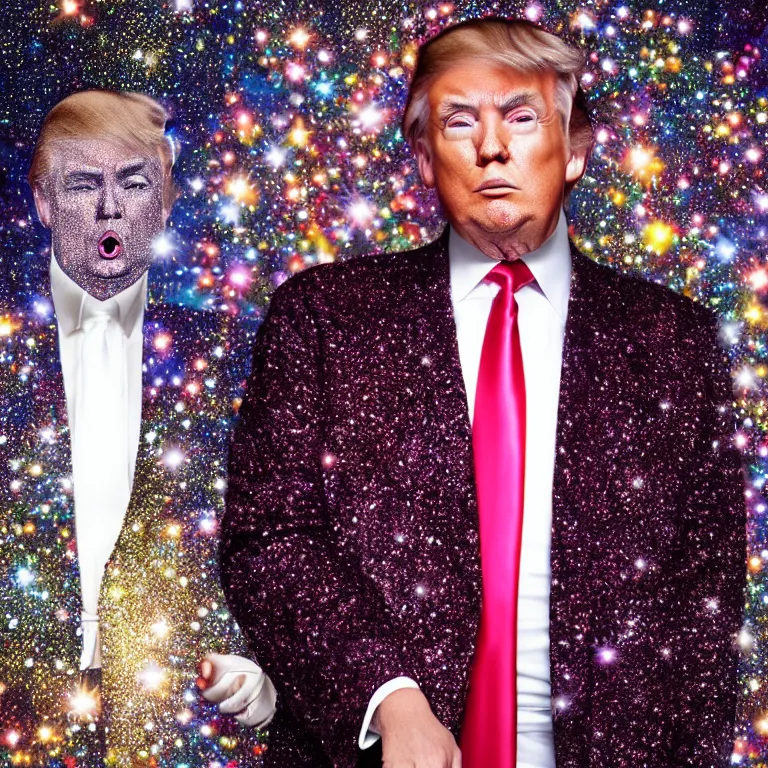 Image similar to donald trump dressed in ladies glitter suit, in nightlife, beautiful, photorealistic, hyperrealistic, highly detailed, close - up, high resolution, 4 k