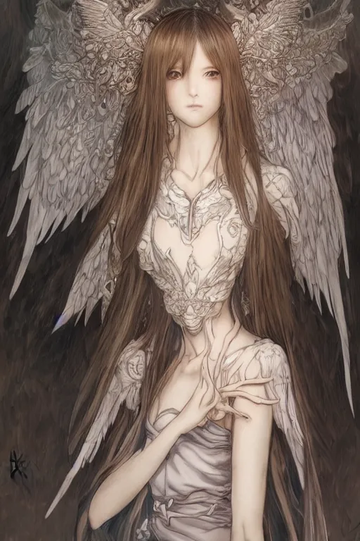 Image similar to Portrait of beautiful anime maiden with angelic wings, intricate, elegant, highly detailed, artstation, concept art, illustration, art by Yoshitaka Amano, Sakimichan, Katsuya Terada