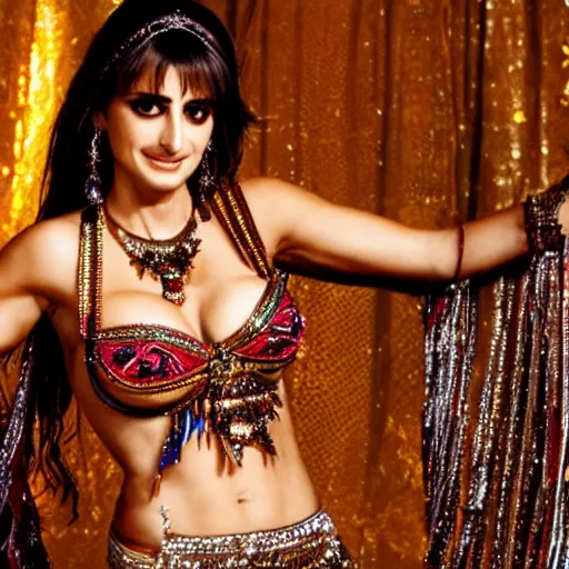 Image similar to a full body shot of penelope cruz as a belly dancer, arabian night, high quality, fully detailed, 4 k