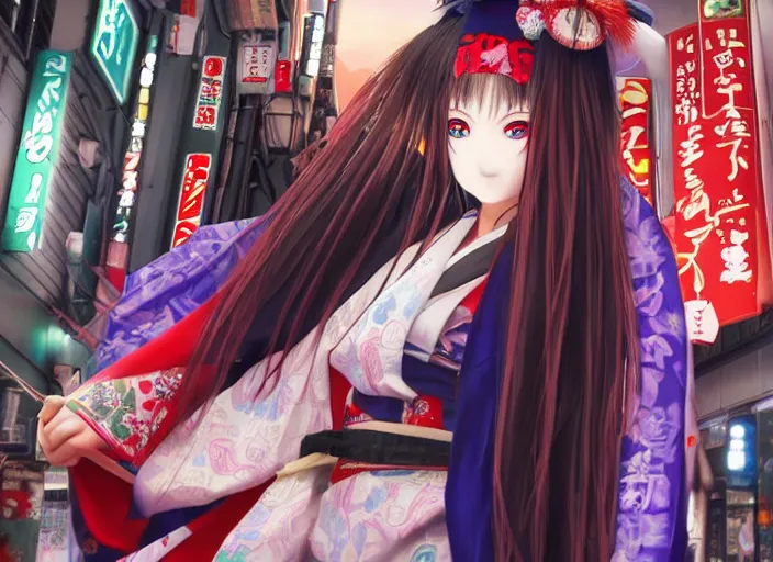 Image similar to himiko priestess kimono night tokyo street 4 k ultra realistic beautiful eyes epic lighting high detail masterpiece