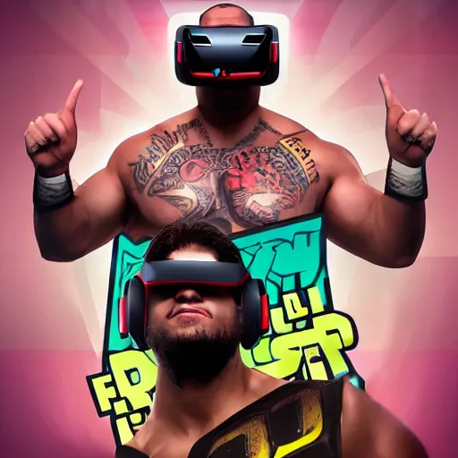 Prompt: wwe wrestler characters wearing vr goggles, gta cover, apex legends trending on artstation, digital illustration