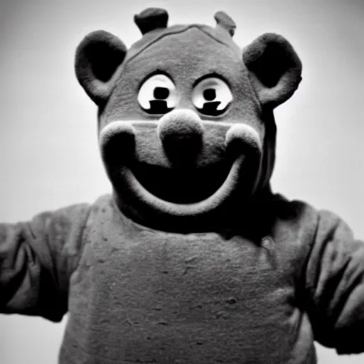 Prompt: Vintage Mugshot photo of a Psychopathic Teletubby with a creepy grin, horror, monochrome, damaged