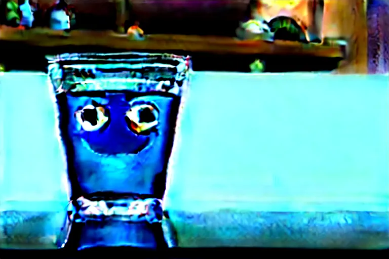 Prompt: a glass of spilled water with a sad face, pixar