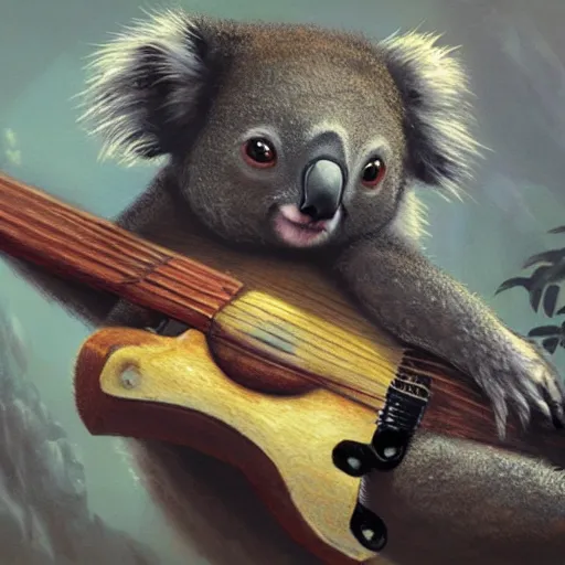 Image similar to Koala playing a guitar, highly detailed, fantasy art, in the style of greg rutkowski, illustration, epic, fantasy, intricate, hyper detailed, artstation, concept art, smooth, sharp focus, ray tracing